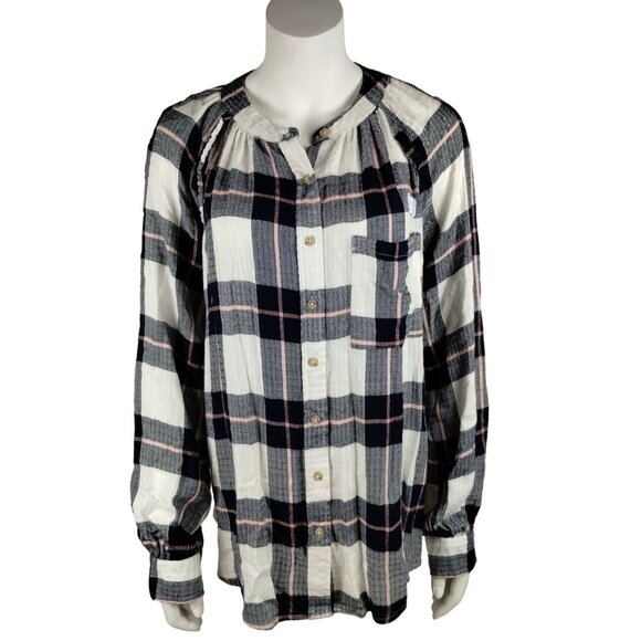 Time and Tru Maternity Womens Large Woven Button Up Top Blue Plaid Shirt - Picture 2 of 10